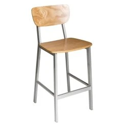 BFM Seating Hamilton Gray Steel Bar Height Chair With Natural Ash Wooden Back And Seat - Platinum Finish