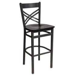 BFM Seating Akrin Sand Black Steel Bar Height Chair With Cross Steel Back And Black Wooden Seat