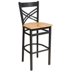 BFM Seating Akrin Sand Black Steel Bar Height Chair With Cross Steel Back And Natural Ash Wooden Seat