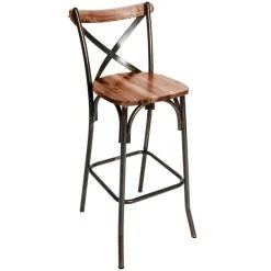 BFM Seating Henry Distressed Rustic Clear Coated Steel Bar Height Chair With Autumn Ash Wooden Back And Seat