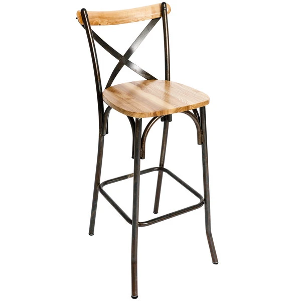 BFM Seating Henry Distressed Rustic Clear Coated Steel Bar Height Chair With Natural Ash Wooden Back And Seat 1 BFM Seating Henry Distressed Rustic Clear Coated Steel Bar Height Chair With Natural Ash Wooden Back And Seat