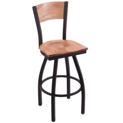 Holland Bar Stool Black Steel Logo Laser Engraved Bar Height Swivel Chair With Maple Back And Seat