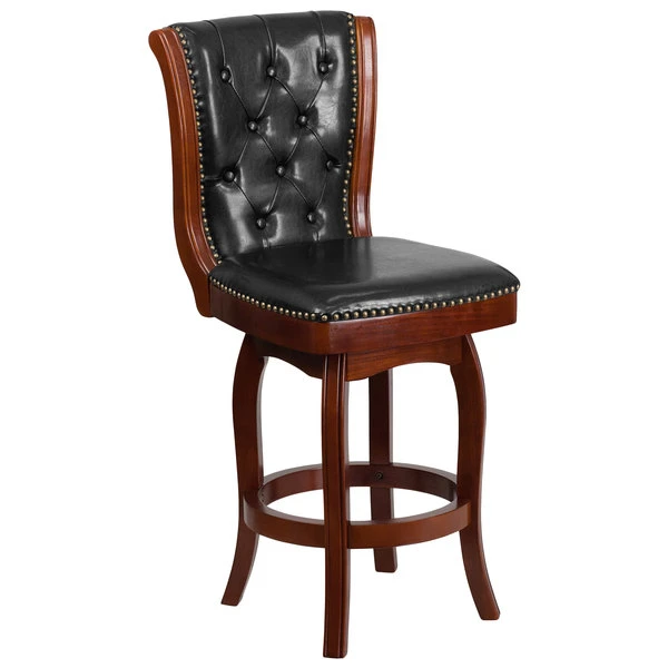 Flash Furniture TA-240126-CA-GG Cappuccino Wood Counter Height Button Tufted Back Stool With Black Leather Swivel Seat 1 Flash Furniture TA-240126-CA-GG Cappuccino Wood Counter Height Button Tufted Back Stool With Black Leather Swivel Seat