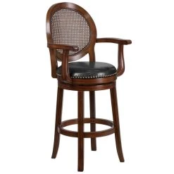 Flash Furniture TA-550430-E-GG Expresso Bar Height Woven Rattan Back Stool With Black Leather Swivel Seat