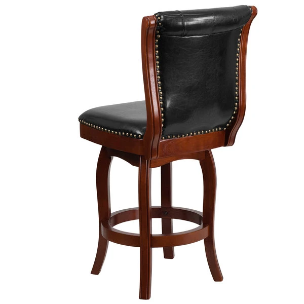 Flash Furniture TA-240126-CHY-GG Cherry Wood Counter Height Button Tufted Back Stool With Black Leather Swivel Seat 2 Flash Furniture TA-240126-CHY-GG Cherry Wood Counter Height Button Tufted Back Stool With Black Leather Swivel Seat - Image 2