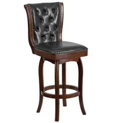 Flash Furniture TA-240130-CA-GG Cappuccino Wood Bar Height Button Tufted Back Stool With Black Leather Swivel Seat