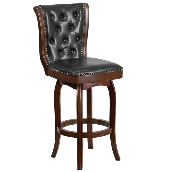 Flash Furniture TA-240130-CA-GG Cappuccino Wood Bar Height Button Tufted Back Stool With Black Leather Swivel Seat 1 Flash Furniture TA-240130-CA-GG Cappuccino Wood Bar Height Button Tufted Back Stool With Black Leather Swivel Seat