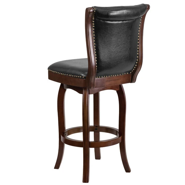 Flash Furniture TA-240130-CA-GG Cappuccino Wood Bar Height Button Tufted Back Stool With Black Leather Swivel Seat 2 Flash Furniture TA-240130-CA-GG Cappuccino Wood Bar Height Button Tufted Back Stool With Black Leather Swivel Seat - Image 2