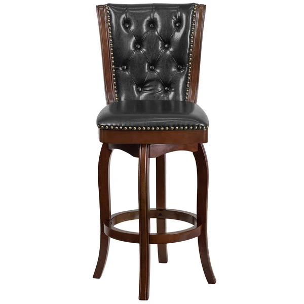 Flash Furniture TA-240130-CA-GG Cappuccino Wood Bar Height Button Tufted Back Stool With Black Leather Swivel Seat 3 Flash Furniture TA-240130-CA-GG Cappuccino Wood Bar Height Button Tufted Back Stool With Black Leather Swivel Seat - Image 3