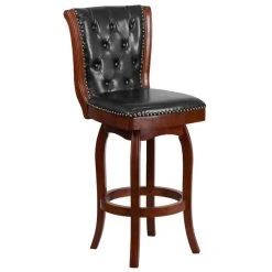 Flash Furniture TA-240130-CHY-GG Cherry Wood Bar Height Button Tufted Back Stool With Black Leather Swivel Seat