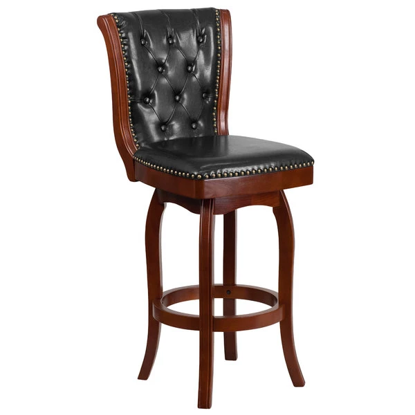 Flash Furniture TA-240130-CHY-GG Cherry Wood Bar Height Button Tufted Back Stool With Black Leather Swivel Seat 1 Flash Furniture TA-240130-CHY-GG Cherry Wood Bar Height Button Tufted Back Stool With Black Leather Swivel Seat