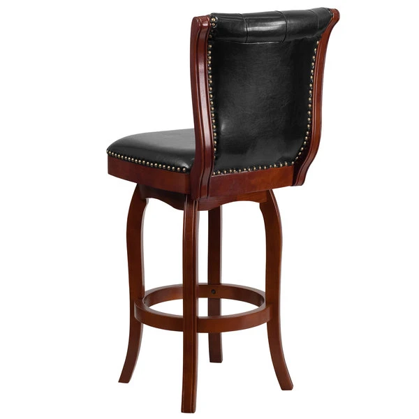 Flash Furniture TA-240130-CHY-GG Cherry Wood Bar Height Button Tufted Back Stool With Black Leather Swivel Seat 2 Flash Furniture TA-240130-CHY-GG Cherry Wood Bar Height Button Tufted Back Stool With Black Leather Swivel Seat - Image 2