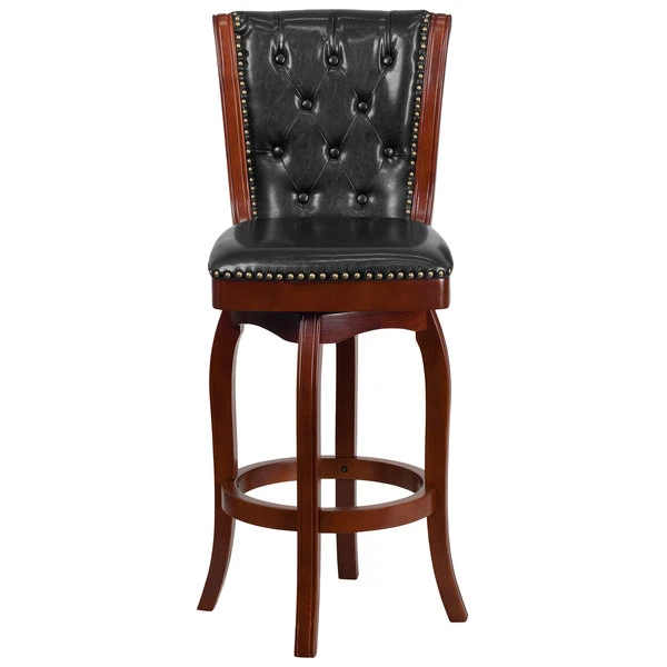 Flash Furniture TA-240130-CHY-GG Cherry Wood Bar Height Button Tufted Back Stool With Black Leather Swivel Seat 3 Flash Furniture TA-240130-CHY-GG Cherry Wood Bar Height Button Tufted Back Stool With Black Leather Swivel Seat - Image 3