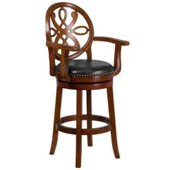 Flash Furniture TA-550230-BDY-GG Brandy Wood Bar Height Designer Back Stool With Black Leather Swivel Seat