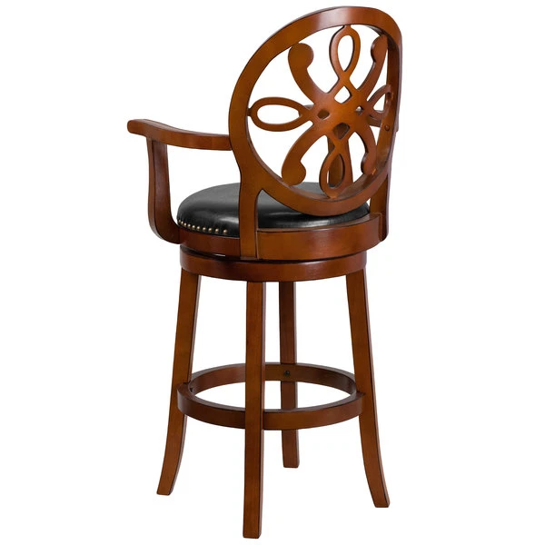 Flash Furniture TA-550230-BDY-GG Brandy Wood Bar Height Designer Back Stool With Black Leather Swivel Seat 2 Flash Furniture TA-550230-BDY-GG Brandy Wood Bar Height Designer Back Stool With Black Leather Swivel Seat - Image 2
