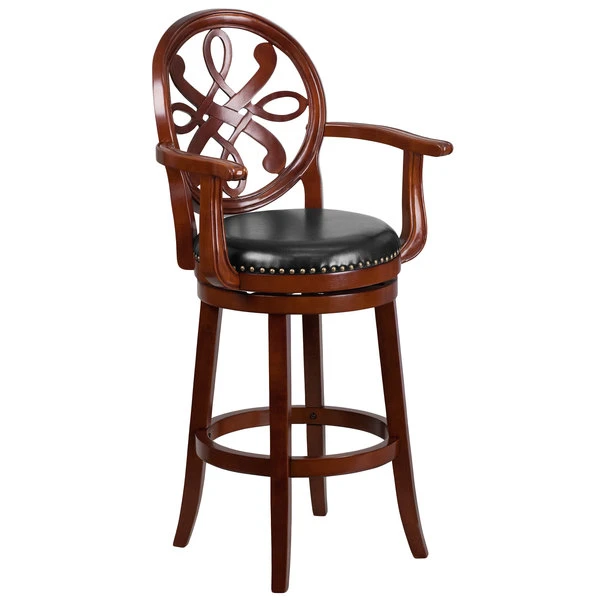 Flash Furniture TA-550230-CHY-GG Cherry Wood Bar Height Designer Back Stool With Black Leather Swivel Seat 1 Flash Furniture TA-550230-CHY-GG Cherry Wood Bar Height Designer Back Stool With Black Leather Swivel Seat