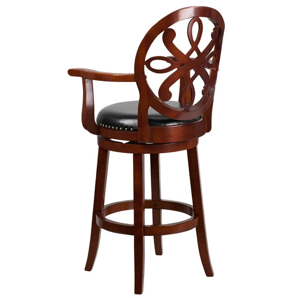 Flash Furniture TA-550230-CHY-GG Cherry Wood Bar Height Designer Back Stool With Black Leather Swivel Seat 2 Flash Furniture TA-550230-CHY-GG Cherry Wood Bar Height Designer Back Stool With Black Leather Swivel Seat - Image 2