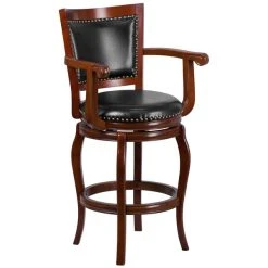 Flash Furniture TA-21259-CHY-GG Cherry Wood Bar Height Panel Back Stool With Arms And Black Leather Swivel Seat
