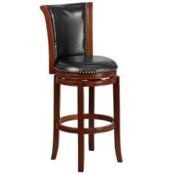 Flash Furniture TA-220130-DC-GG Dark Chestnut Wood Bar Height Panel Back Stool And Black Leather Swivel Seat