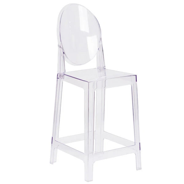 Flash Furniture OW-GHOSTBACK-24-GG Ghost Transparent Polycarbonate Outdoor / Indoor Counter Height Stool With Oval Back 1 Flash Furniture OW-GHOSTBACK-24-GG Ghost Transparent Polycarbonate Outdoor / Indoor Counter Height Stool With Oval Back