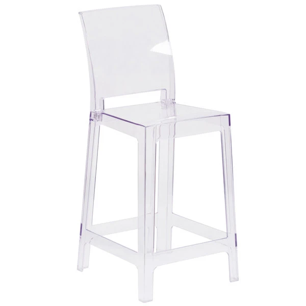 Flash Furniture OW-SQUAREBACK-24-GG Ghost Transparent Polycarbonate Outdoor / Indoor Counter Height Stool With Square Back 1 Flash Furniture OW-SQUAREBACK-24-GG Ghost Transparent Polycarbonate Outdoor / Indoor Counter Height Stool With Square Back