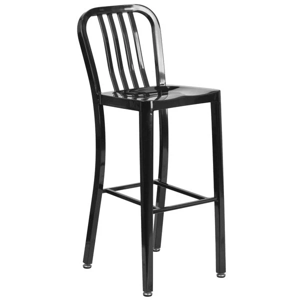 Flash Furniture CH-61200-30-BK-GG 30" Black Metal Indoor / Outdoor Bar Height Stool With Vertical Slat Back 1 Flash Furniture CH-61200-30-BK-GG 30" Black Metal Indoor / Outdoor Bar Height Stool With Vertical Slat Back