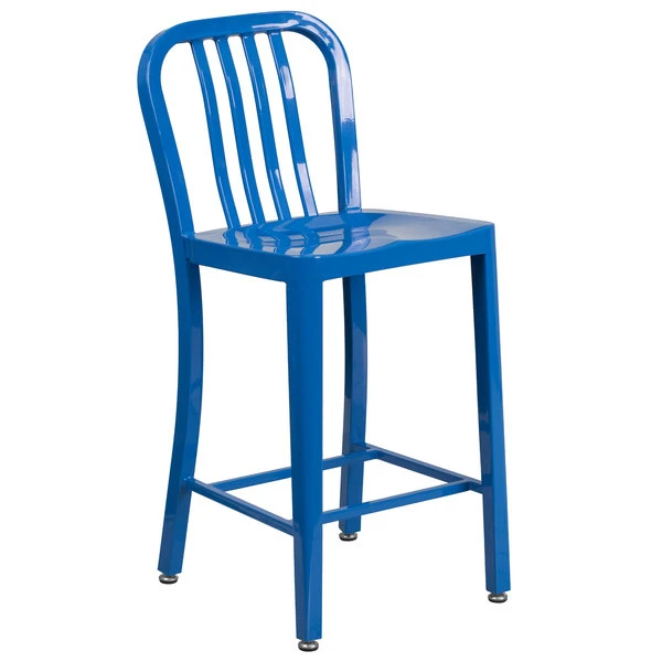 Flash Furniture CH-61200-24-BL-GG 24" Blue Metal Indoor / Outdoor Counter Height Stool With Vertical Slat Back 1 Flash Furniture CH-61200-24-BL-GG 24" Blue Metal Indoor / Outdoor Counter Height Stool With Vertical Slat Back