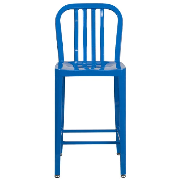 Flash Furniture CH-61200-24-BL-GG 24" Blue Metal Indoor / Outdoor Counter Height Stool With Vertical Slat Back 3 Flash Furniture CH-61200-24-BL-GG 24" Blue Metal Indoor / Outdoor Counter Height Stool With Vertical Slat Back - Image 3