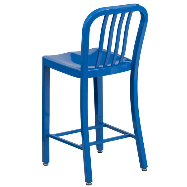 Flash Furniture CH-61200-24-BL-GG 24" Blue Metal Indoor / Outdoor Counter Height Stool With Vertical Slat Back 2 Flash Furniture CH-61200-24-BL-GG 24" Blue Metal Indoor / Outdoor Counter Height Stool With Vertical Slat Back - Image 2