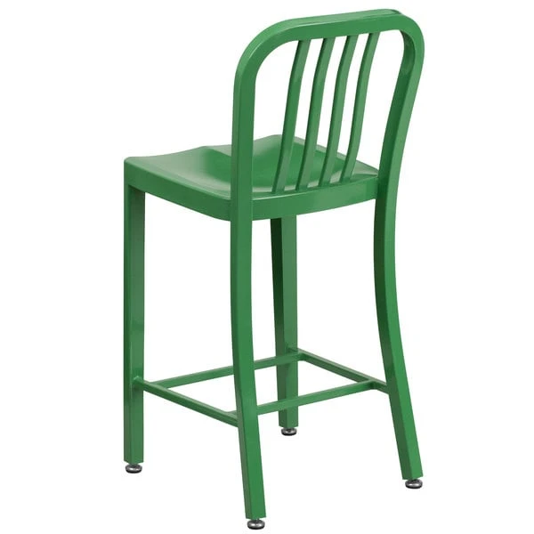 Flash Furniture CH-61200-24-GN-GG 24" Green Metal Indoor / Outdoor Counter Height Stool With Vertical Slat Back 2 Flash Furniture CH-61200-24-GN-GG 24" Green Metal Indoor / Outdoor Counter Height Stool With Vertical Slat Back - Image 2