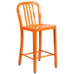 Flash Furniture CH-61200-24-OR-GG 24" Orange Metal Indoor / Outdoor Counter Height Stool With Vertical Slat Back