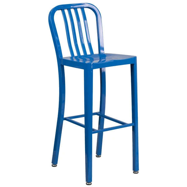 Flash Furniture CH-61200-30-BL-GG 30" Blue Metal Indoor / Outdoor Bar Height Stool With Vertical Slat Back 1 Flash Furniture CH-61200-30-BL-GG 30" Blue Metal Indoor / Outdoor Bar Height Stool With Vertical Slat Back