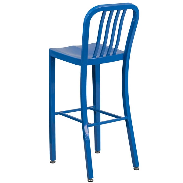 Flash Furniture CH-61200-30-BL-GG 30" Blue Metal Indoor / Outdoor Bar Height Stool With Vertical Slat Back 2 Flash Furniture CH-61200-30-BL-GG 30" Blue Metal Indoor / Outdoor Bar Height Stool With Vertical Slat Back - Image 2