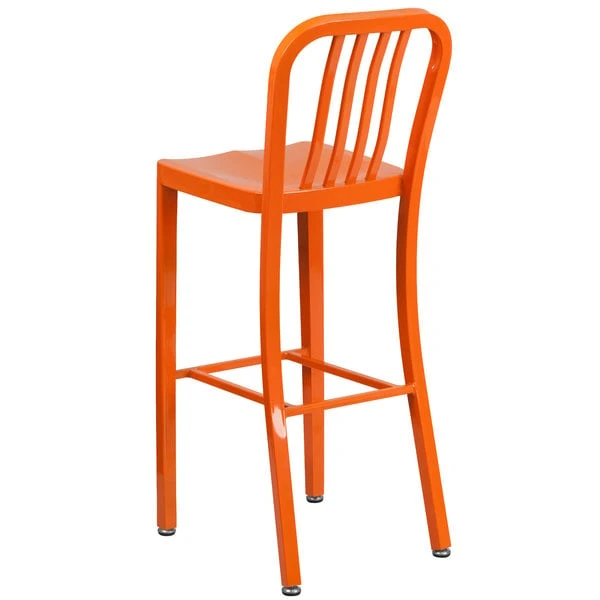 Flash Furniture CH-61200-30-OR-GG 30" Orange Metal Indoor / Outdoor Bar Height Stool With Vertical Slat Back 2 Flash Furniture CH-61200-30-OR-GG 30" Orange Metal Indoor / Outdoor Bar Height Stool With Vertical Slat Back - Image 2