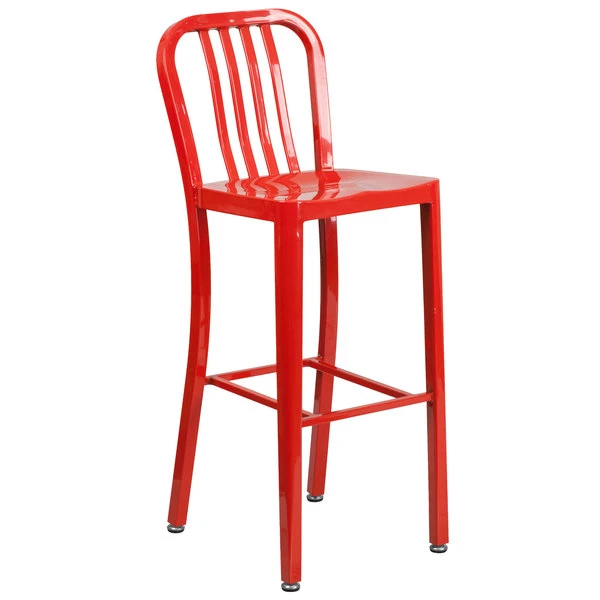 Flash Furniture CH-61200-30-RED-GG 30" Red Metal Indoor / Outdoor Bar Height Stool With Vertical Slat Back 1 Flash Furniture CH-61200-30-RED-GG 30" Red Metal Indoor / Outdoor Bar Height Stool With Vertical Slat Back