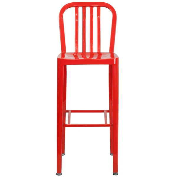 Flash Furniture CH-61200-30-RED-GG 30" Red Metal Indoor / Outdoor Bar Height Stool With Vertical Slat Back 3 Flash Furniture CH-61200-30-RED-GG 30" Red Metal Indoor / Outdoor Bar Height Stool With Vertical Slat Back - Image 3