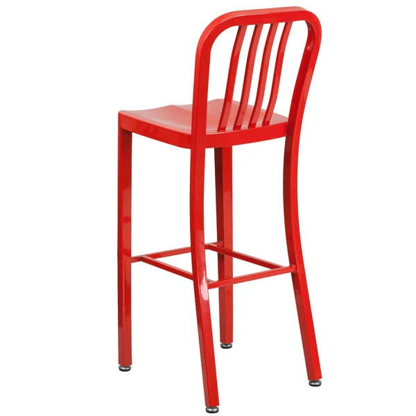 Flash Furniture CH-61200-30-RED-GG 30" Red Metal Indoor / Outdoor Bar Height Stool With Vertical Slat Back 2 Flash Furniture CH-61200-30-RED-GG 30" Red Metal Indoor / Outdoor Bar Height Stool With Vertical Slat Back - Image 2