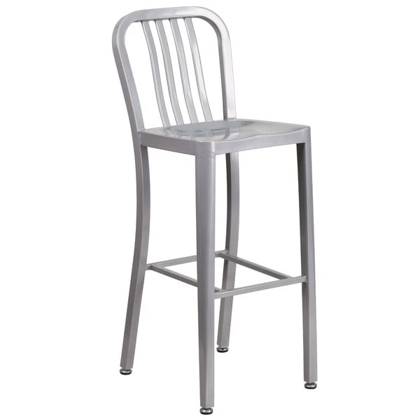 Flash Furniture CH-61200-30-SIL-GG 30" Silver Metal Indoor / Outdoor Bar Height Stool With Vertical Slat Back 1 Flash Furniture CH-61200-30-SIL-GG 30" Silver Metal Indoor / Outdoor Bar Height Stool With Vertical Slat Back