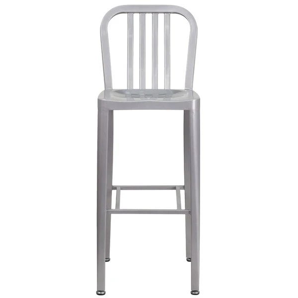 Flash Furniture CH-61200-30-SIL-GG 30" Silver Metal Indoor / Outdoor Bar Height Stool With Vertical Slat Back 3 Flash Furniture CH-61200-30-SIL-GG 30" Silver Metal Indoor / Outdoor Bar Height Stool With Vertical Slat Back - Image 3