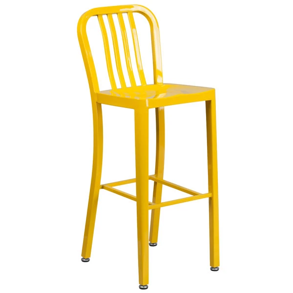 Flash Furniture CH-61200-30-YL-GG 30" Yellow Metal Indoor / Outdoor Bar Height Stool With Vertical Slat Back 1 Flash Furniture CH-61200-30-YL-GG 30" Yellow Metal Indoor / Outdoor Bar Height Stool With Vertical Slat Back