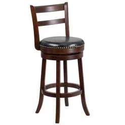 Flash Furniture TA-16029-CA-GG Cappuccino Wood Bar Height Ladder Back Stool With Black Leather Swivel Seat