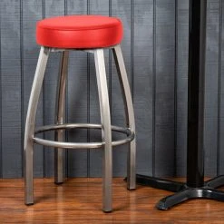 Lancaster Table & Seating Clear Coat Backless Barstool With Red Swivel Upholstered Seat