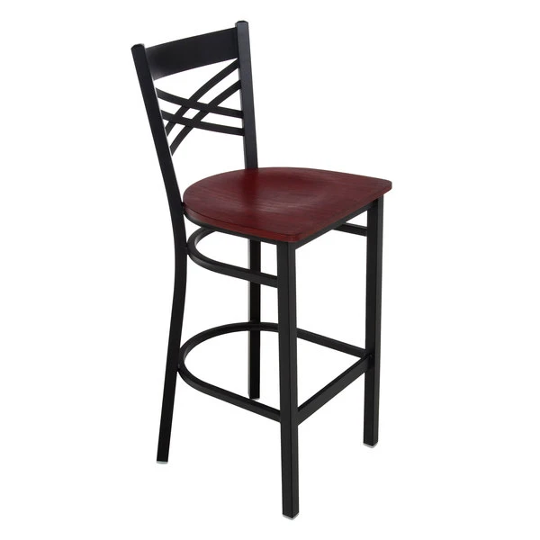 Lancaster Table & Seating Black Finish Cross Back Bar Stool With Mahogany Wood Seat 2 Lancaster Table & Seating Black Finish Cross Back Bar Stool With Mahogany Wood Seat - Image 2