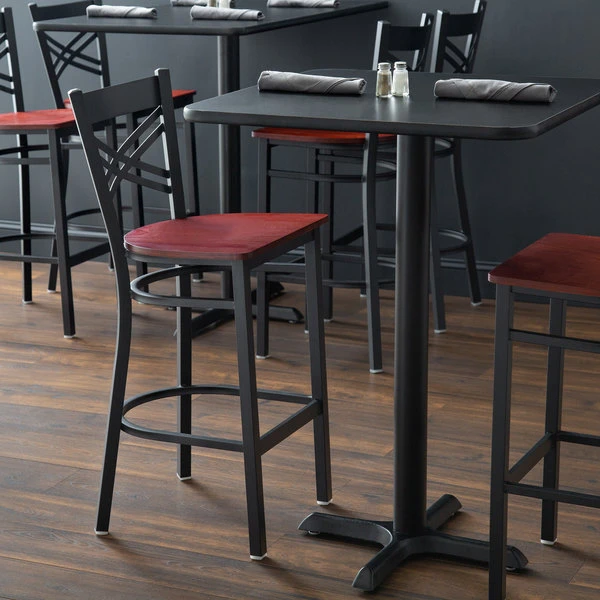 Lancaster Table & Seating Black Finish Cross Back Bar Stool With Mahogany Wood Seat 1 Lancaster Table & Seating Black Finish Cross Back Bar Stool With Mahogany Wood Seat
