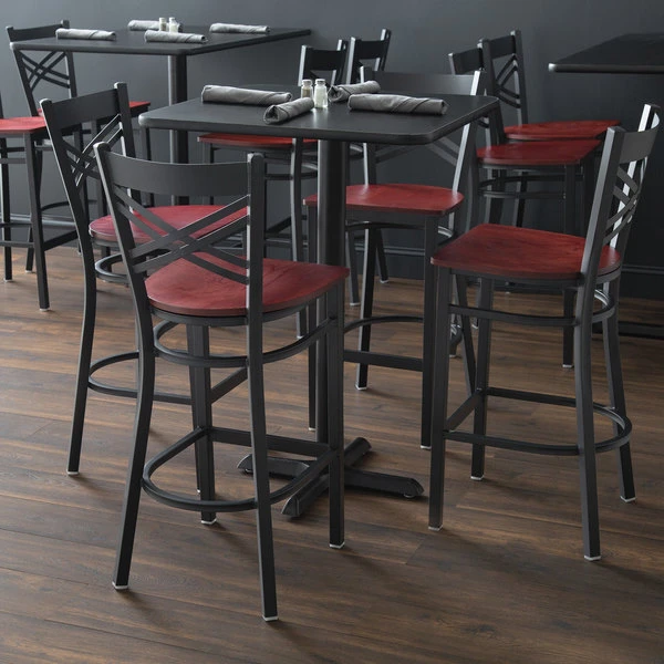 Lancaster Table & Seating Black Finish Cross Back Bar Stool With Mahogany Wood Seat 3 Lancaster Table & Seating Black Finish Cross Back Bar Stool With Mahogany Wood Seat - Image 3