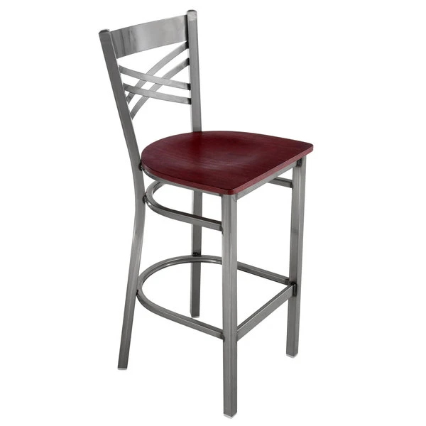 Lancaster Table & Seating Clear Coat Finish Cross Back Bar Stool With Mahogany Wood Seat 2 Lancaster Table & Seating Clear Coat Finish Cross Back Bar Stool With Mahogany Wood Seat - Image 2
