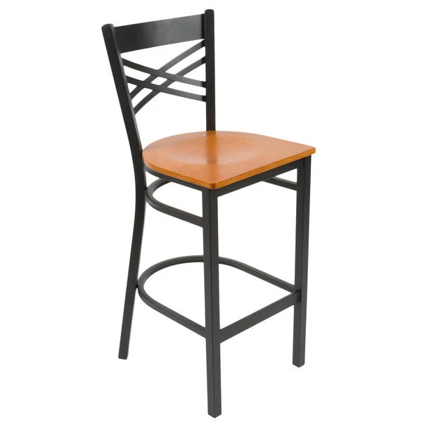 Lancaster Table & Seating Black Finish Cross Back Bar Stool With Cherry Wood Seat 2 Lancaster Table & Seating Black Finish Cross Back Bar Stool With Cherry Wood Seat - Image 2