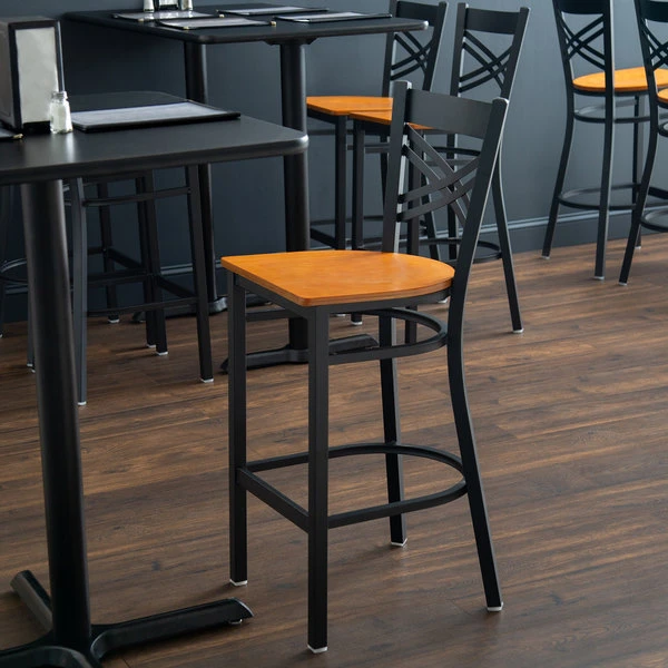 Lancaster Table & Seating Black Finish Cross Back Bar Stool With Cherry Wood Seat 1 Lancaster Table & Seating Black Finish Cross Back Bar Stool With Cherry Wood Seat