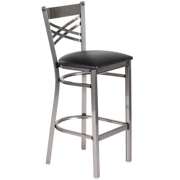 Lancaster Table & Seating Clear Coat Finish Cross Back Bar Stool With 2 1/2" Black Vinyl Padded Seat 2 Lancaster Table & Seating Clear Coat Finish Cross Back Bar Stool With 2 1/2" Black Vinyl Padded Seat - Image 2