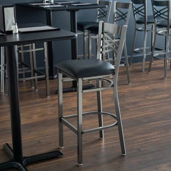 Lancaster Table & Seating Clear Coat Finish Cross Back Bar Stool With 2 1/2" Black Vinyl Padded Seat 1 Lancaster Table & Seating Clear Coat Finish Cross Back Bar Stool With 2 1/2" Black Vinyl Padded Seat